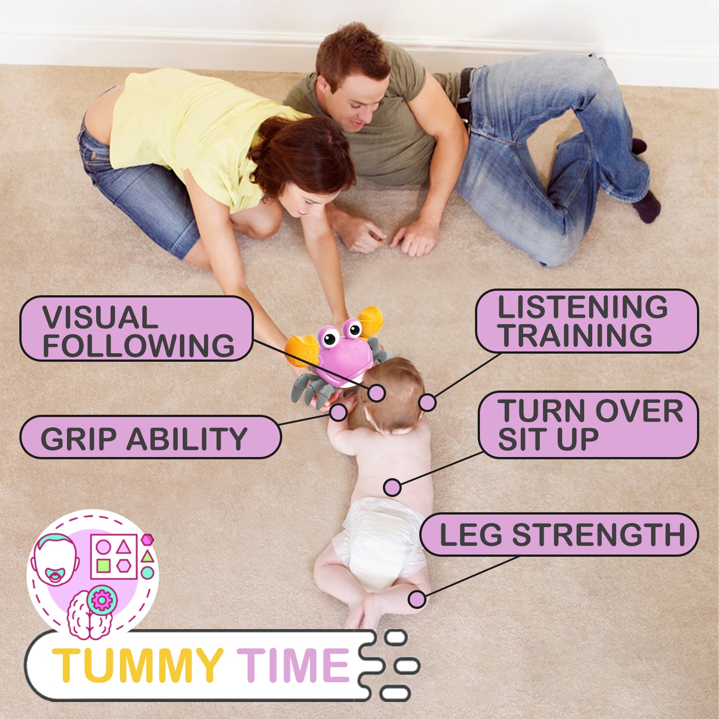 Crawling Crab Baby Toy, Advanced Infrared Crawling Crab Tummy Time Toy with Music, Infant Walking Dancing Crab Baby Toy, Boys Girls Toddler 6-12 12-18 Months Interactive Singing Birthday Gift (Purple)