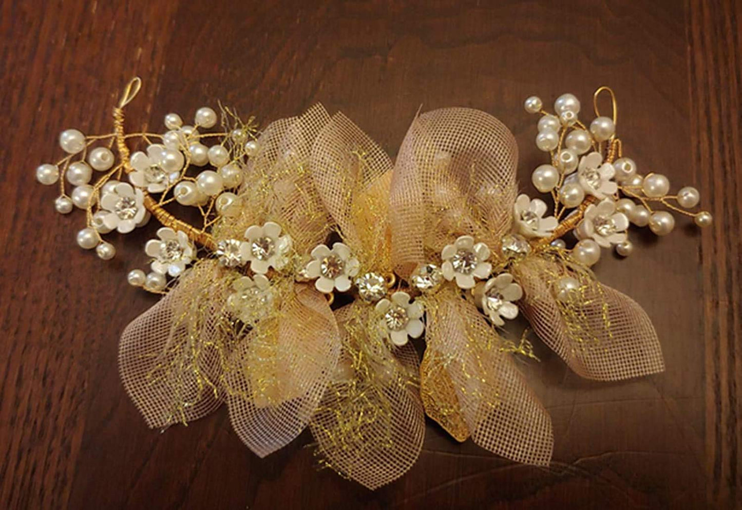 Hair Vines Princess Wedding Headpiece, Pearl Crystal Headwear for Wedding Tiara Flower Headband, Accessories to Baby Girl Shows, Children' Day, Christmas(Gold)