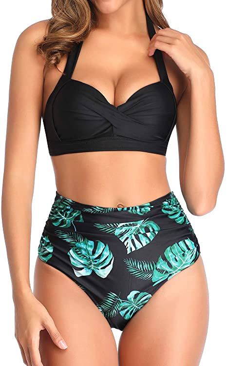 Women Tow Piece Vintage Printing Swimsuit Two Piece Retro Ruched