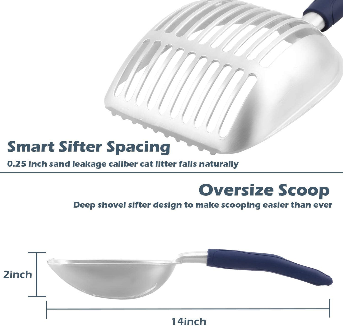 Solid Cat Litter Scoop with Silicone Handle, Aluminum Alloy Deep Cat Shovel, Large Pet Litter Scoop Metal with Mesh, Lightweight Shovel Suitable for All Kitty Litter Box