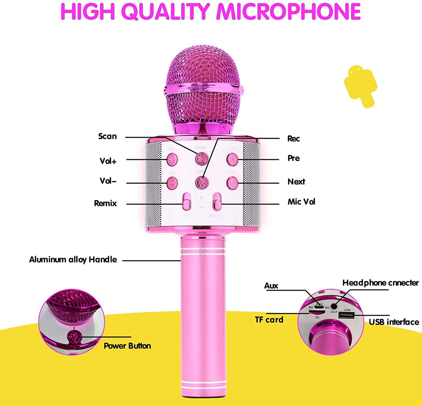 Wireless Bluetooth Karaoke Microphone, Portable Handheld Karaoke Machine Speaker with Controllable LED Lights for Birthday Home KTV Party/Kids Singing