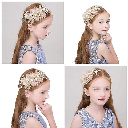 Hair Vines Princess Wedding Headpiece, Pearl Crystal Headwear for Wedding Tiara Flower Headband, Accessories to Baby Girl Shows, Children' Day, Christmas(Gold)