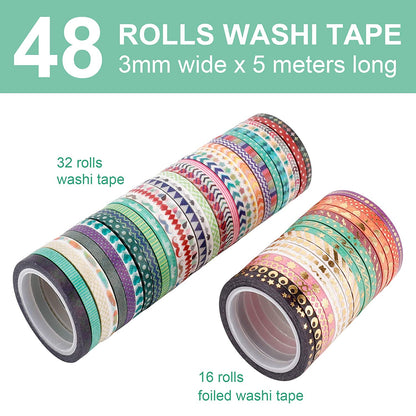 Cute 48 Rolls Washi Tape Set,Foil Gold Thin Decorative Masking Washi Tapes,3MM Wide DIY Paper Tape for DIY Craft Scrapbooking Gift Wrapping Planner