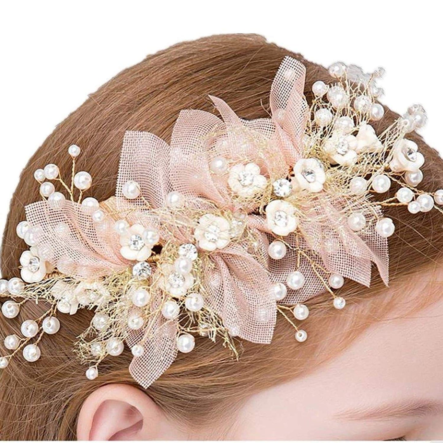 Hair Vines Princess Wedding Headpiece, Pearl Crystal Headwear for Wedding Tiara Flower Headband, Accessories to Baby Girl Shows, Children' Day, Christmas(Gold)