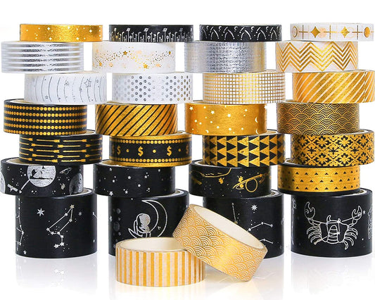 Gold Foil Washi Tape Set - 30 Rolls Decorative Masking Washi Tapes for Bullet Journal, Scrapbooking Supplies, DIY Craft, Universe Design, 8mm/15mm/30mm