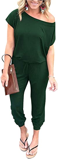 Women's Loose Solid Off Shoulder Elastic Waist Stretchy Long Romper Jumpsuit with Pockets